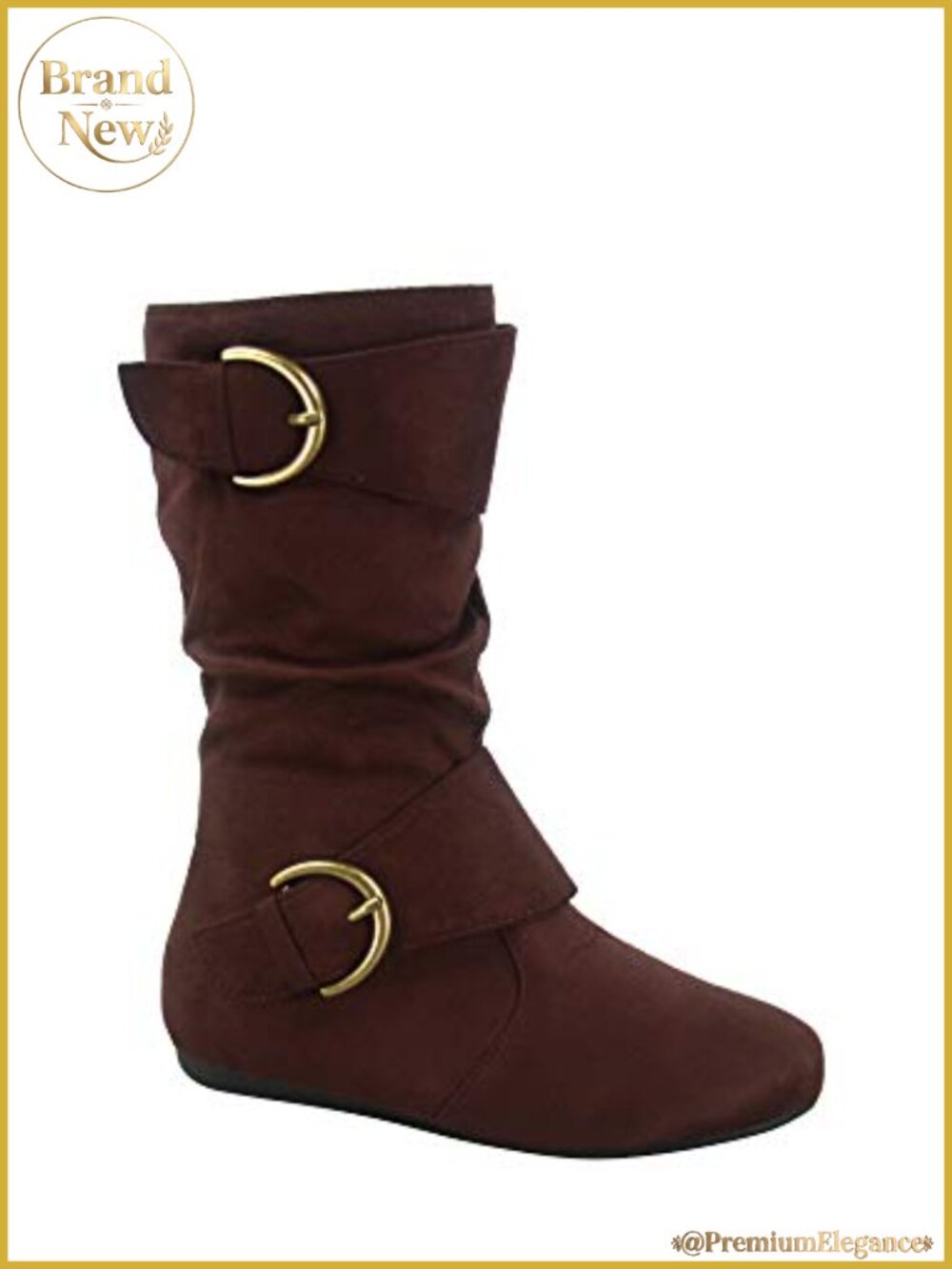 Girls Faux Suede Two Buckle Zipper Flat Heel Mid Calf Slouchy Boots